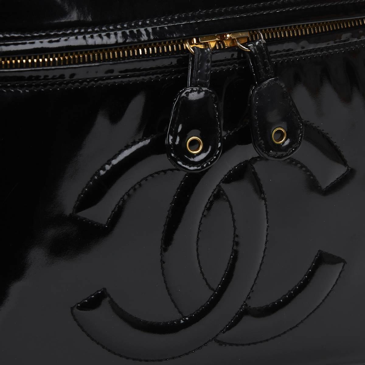 1990s Chanel Black Patent Leather Vintage Vanity Bag 1