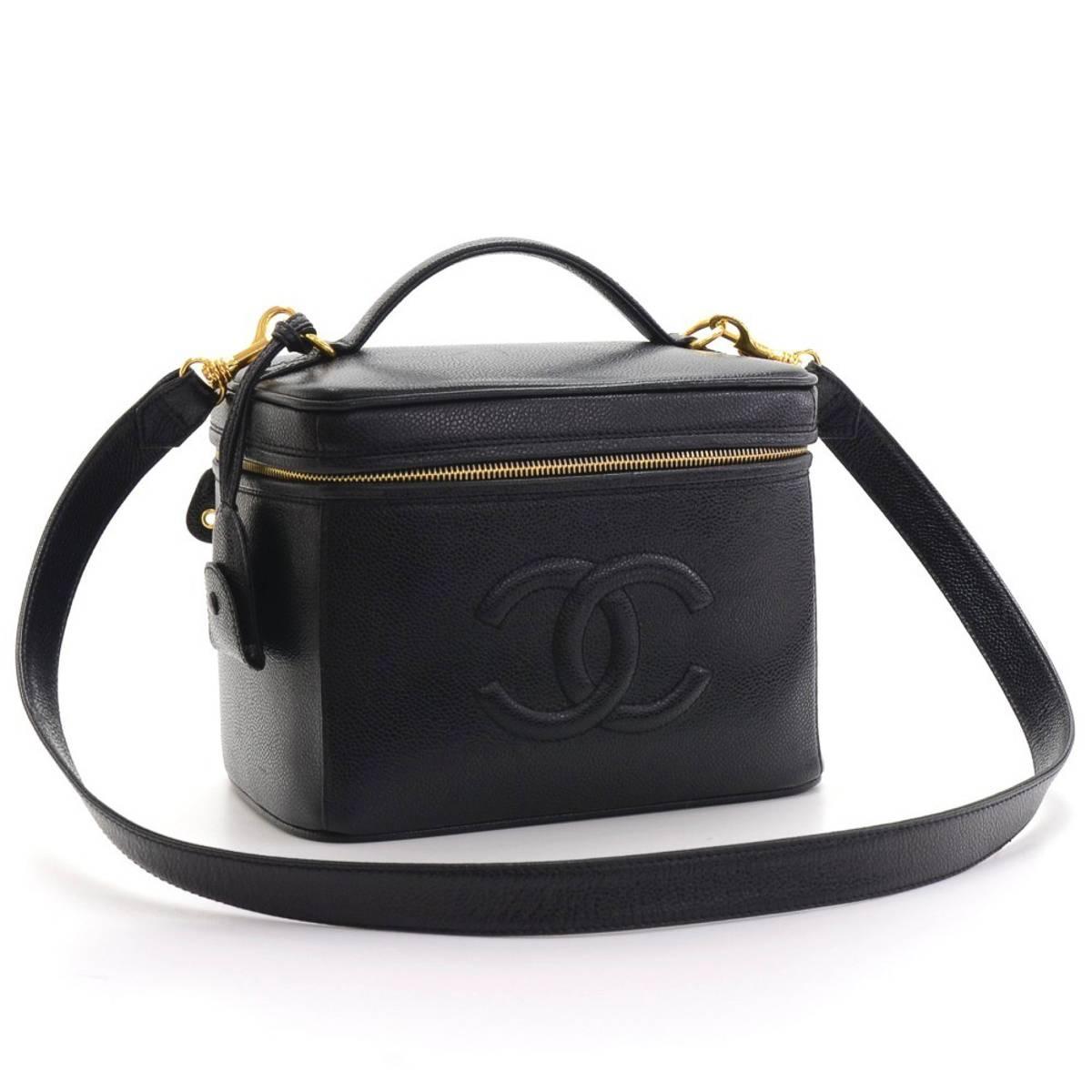 1990s Chanel Black Caviar Leather Vintage Timeless Vanity Handbag 2