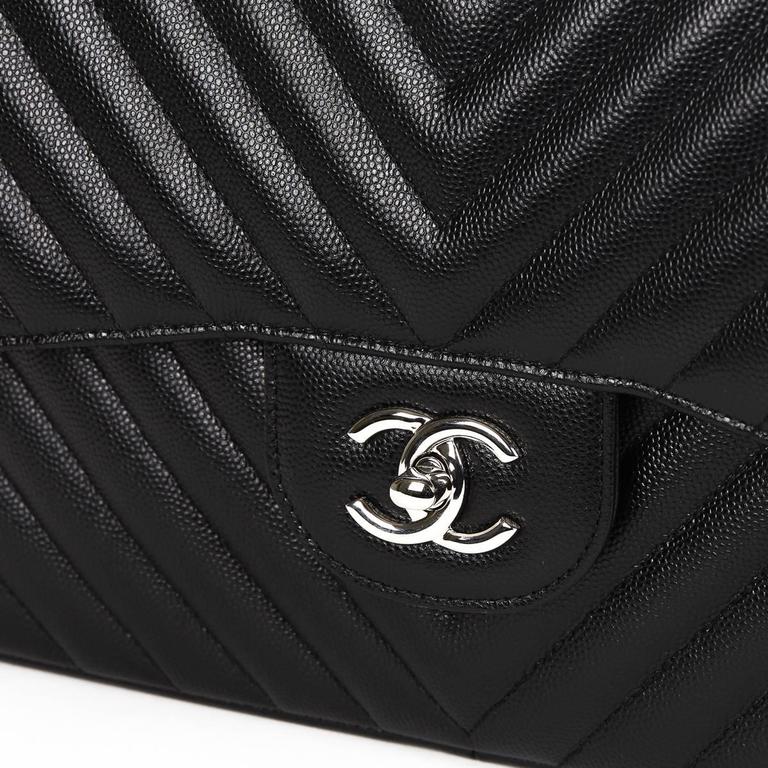 2016 Chanel Black Chevron Quilted Caviar Leather Jumbo Classic