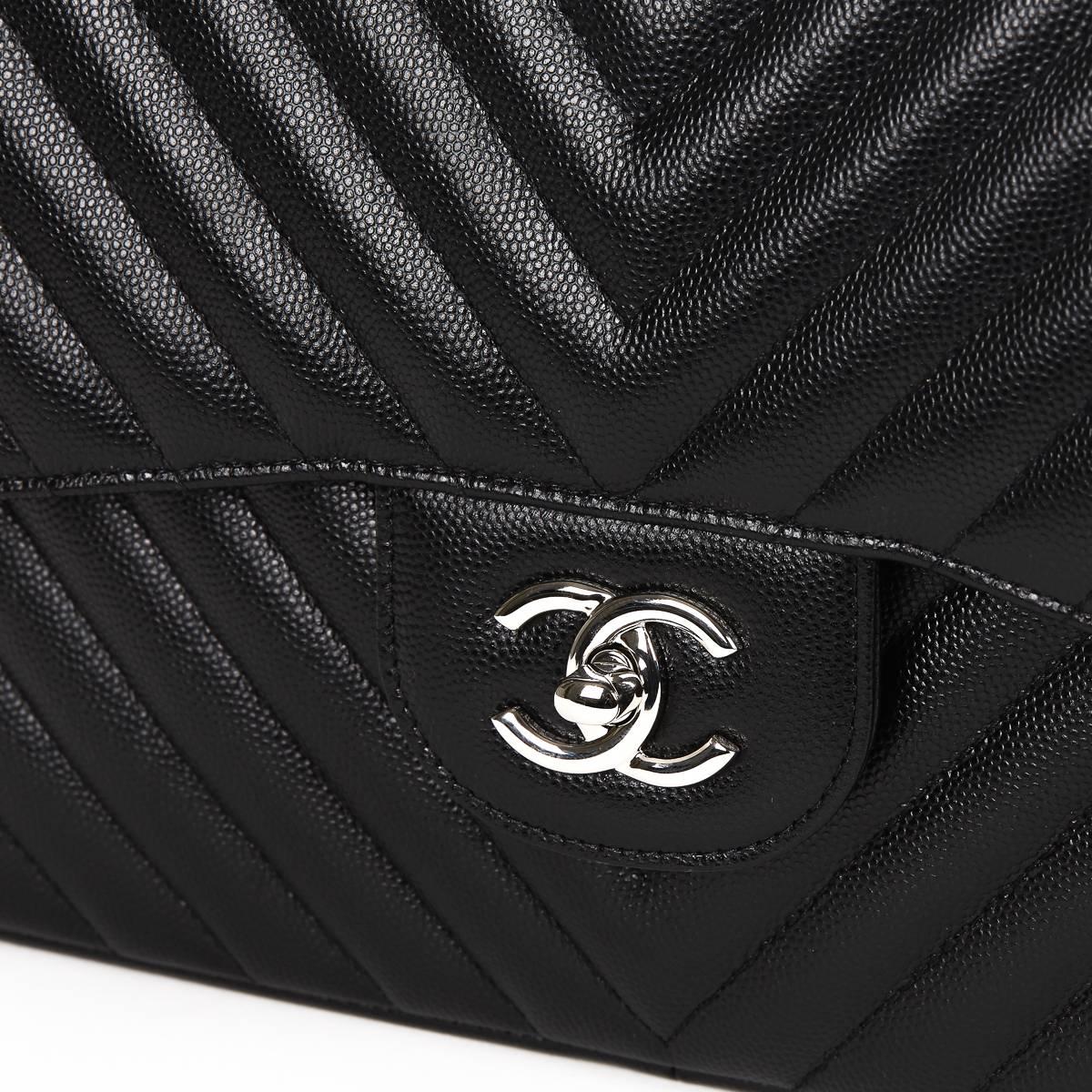 2016 Chanel Black Chevron Quilted Caviar Leather Jumbo Classic Double  1