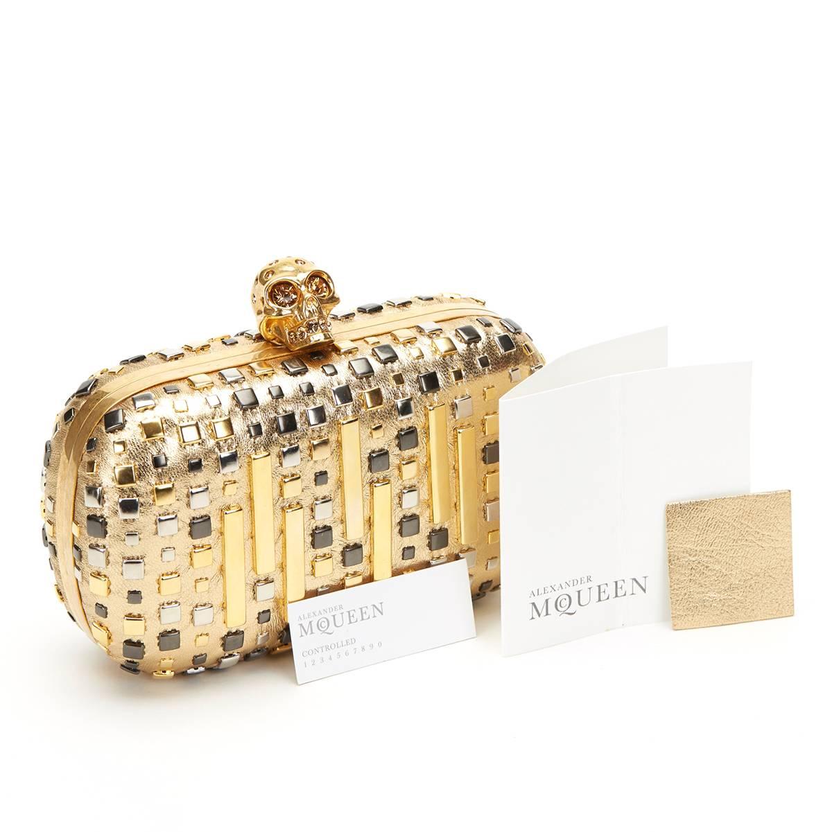 2015 Alexander McQueen Gold Studded Calfskin Skull Box Clutch 6