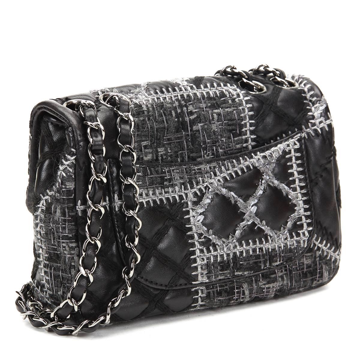 Women's 2010s Chanel Black Calfskin & Grey Wool Patchwork Classic Single Flap Bag