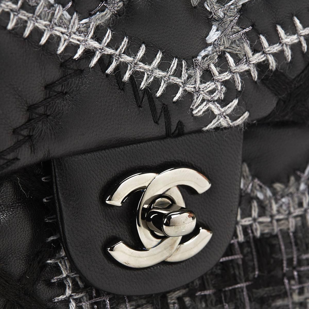 2010s Chanel Black Calfskin & Grey Wool Patchwork Classic Single Flap Bag 3