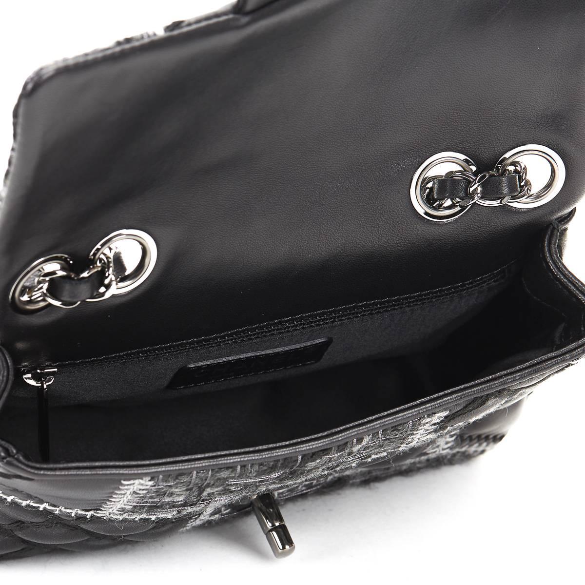 2010s Chanel Black Calfskin & Grey Wool Patchwork Classic Single Flap Bag 4