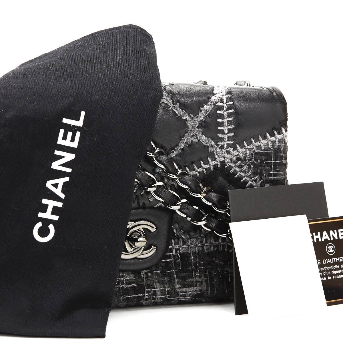 2010s Chanel Black Calfskin & Grey Wool Patchwork Classic Single Flap Bag 6