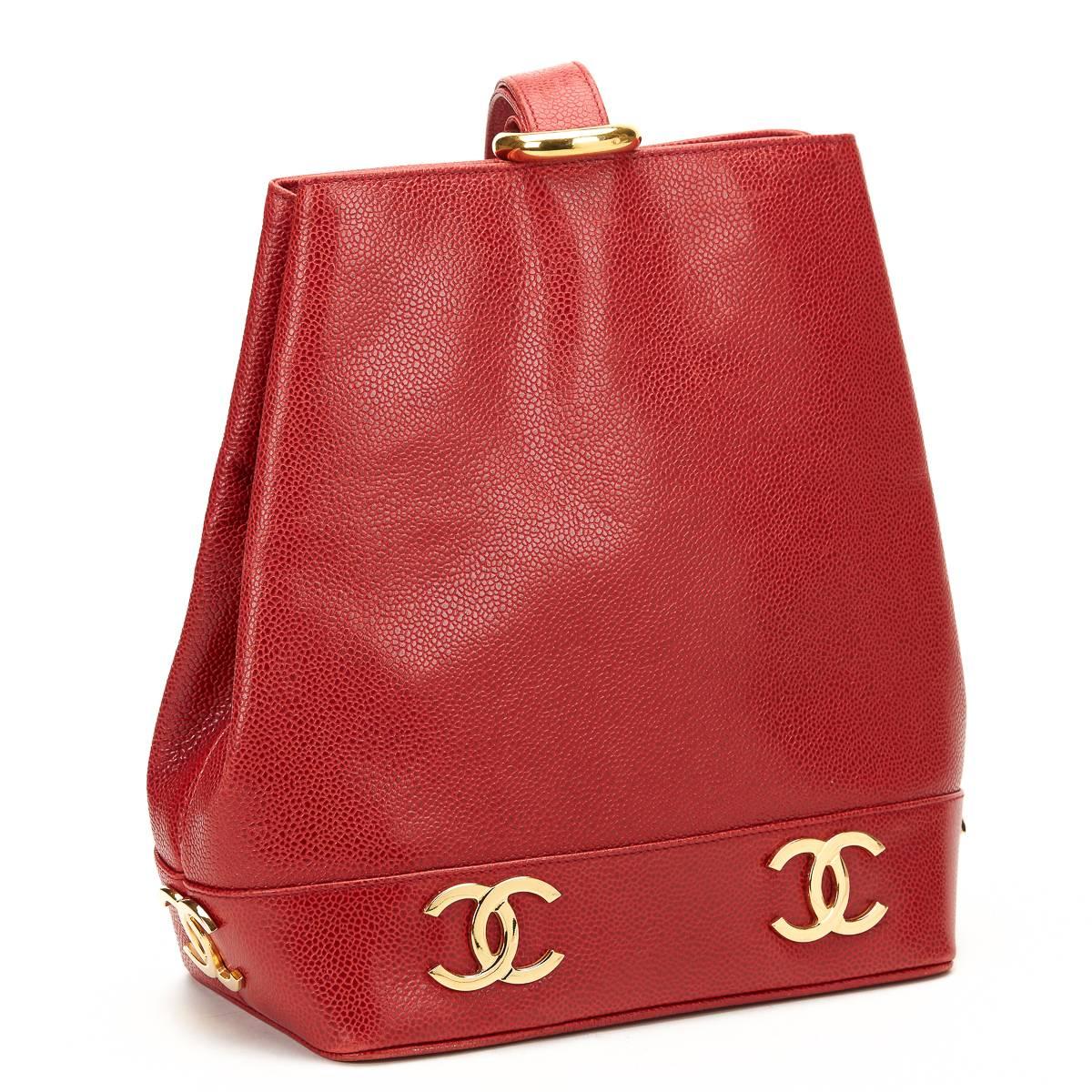 Women's 1990s Chanel Red Caviar Leather Vintage Bucket Bag