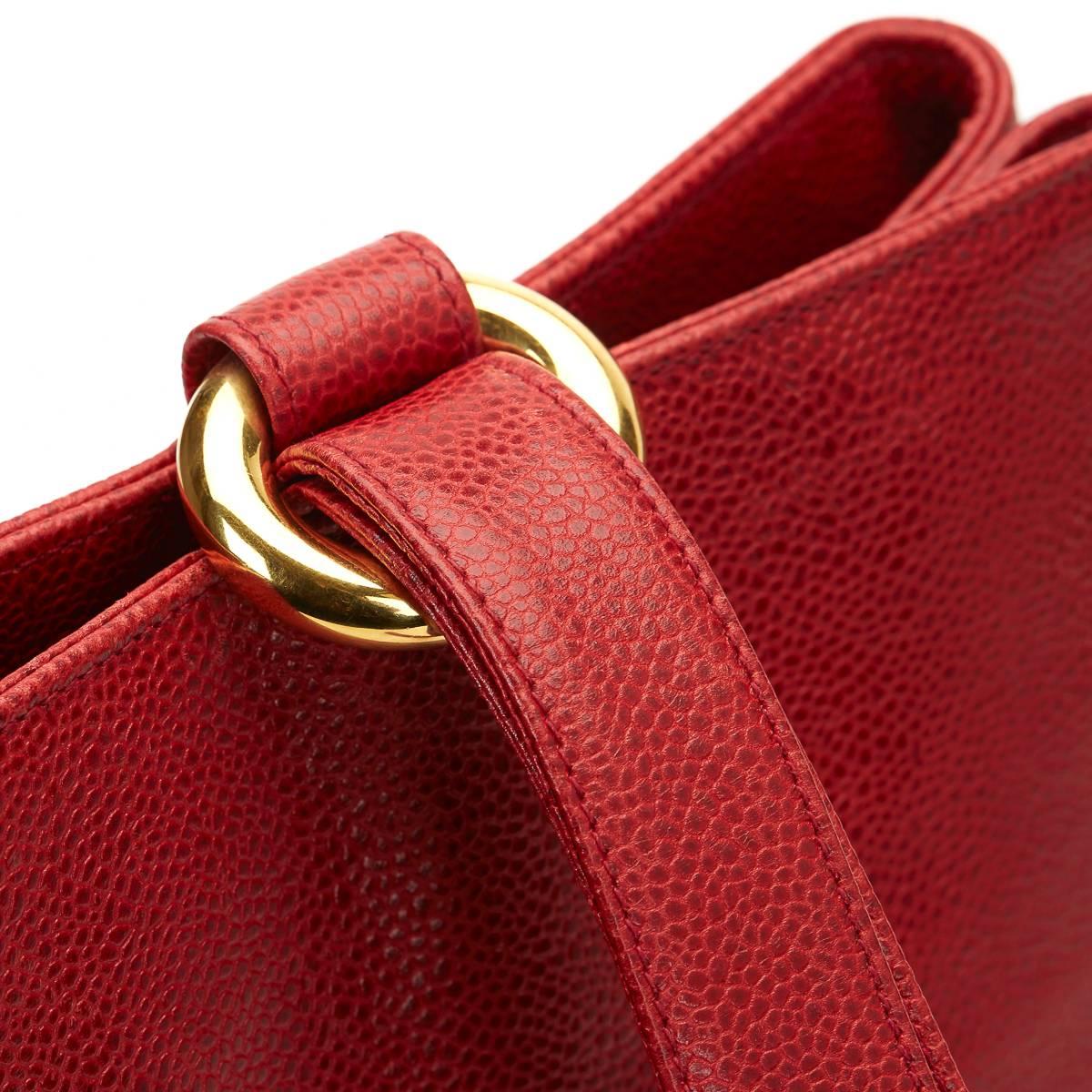 1990s Chanel Red Caviar Leather Vintage Bucket Bag 3