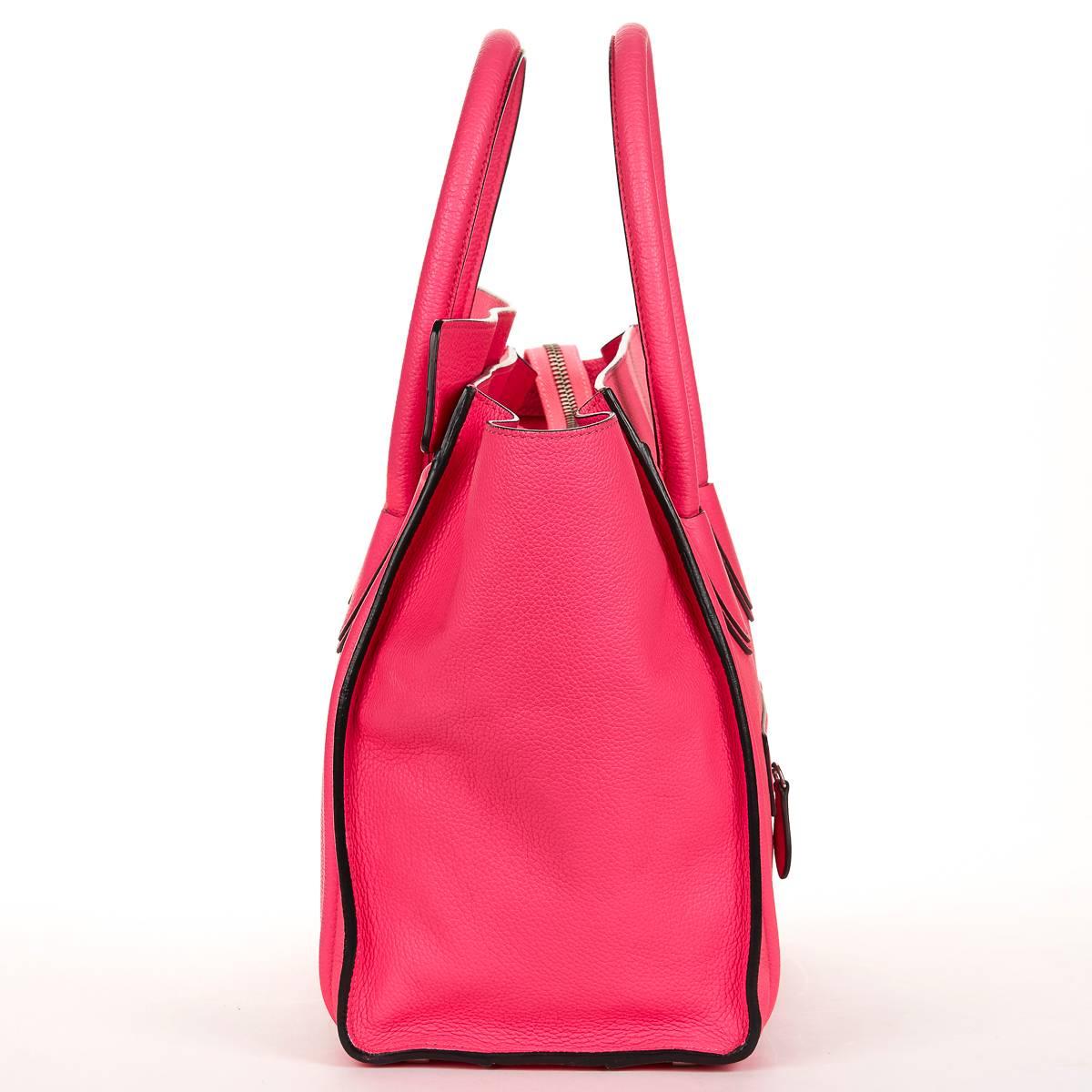 2010s Céline Neon Pink Drummed Leather Mini Luggage Tote In Good Condition In Bishop's Stortford, Hertfordshire