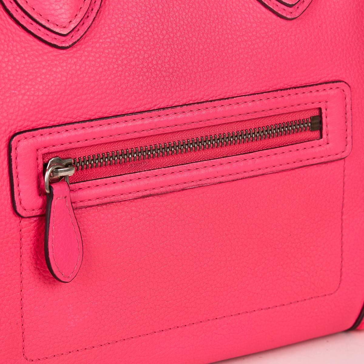 2010s Céline Neon Pink Drummed Leather Mini Luggage Tote 5