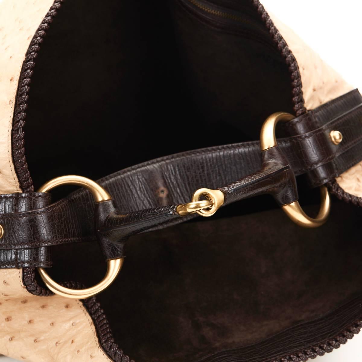 Women's 2000s Gucci Beige Ostrich Leather Horsebit Hobo Bag