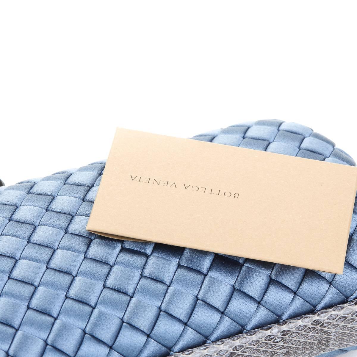 2000s Bottega Veneta Glaucous Blue Woven Satin & Snakeskin Trim Long Knot Clutch 2