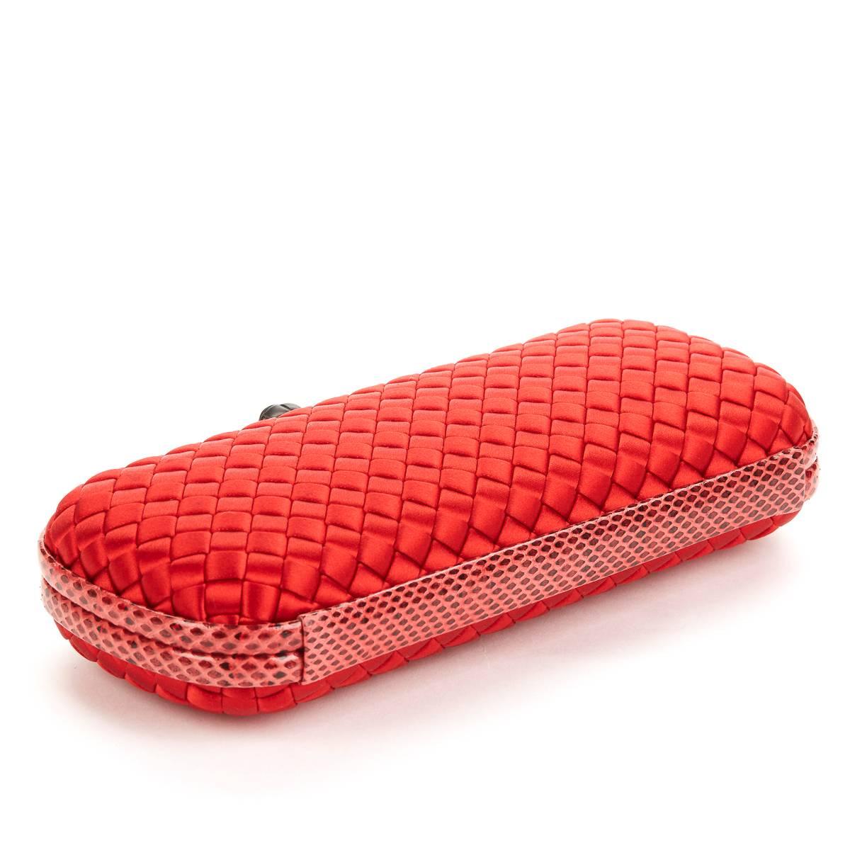 Women's 2000s Bottega Veneta Red Woven Satin & Snakeskin Trim Long Knot Clutch
