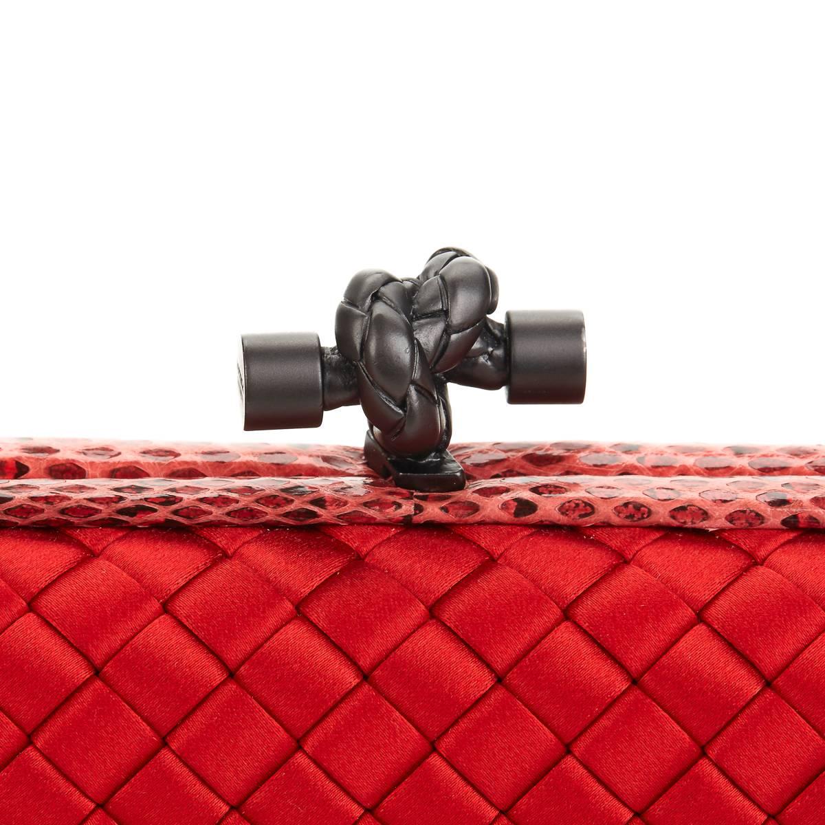 2000s Bottega Veneta Red Woven Satin & Snakeskin Trim Long Knot Clutch 1