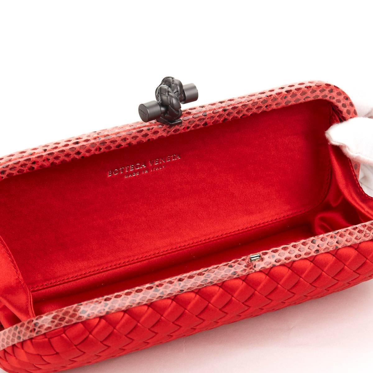 2000s Bottega Veneta Red Woven Satin & Snakeskin Trim Long Knot Clutch 2