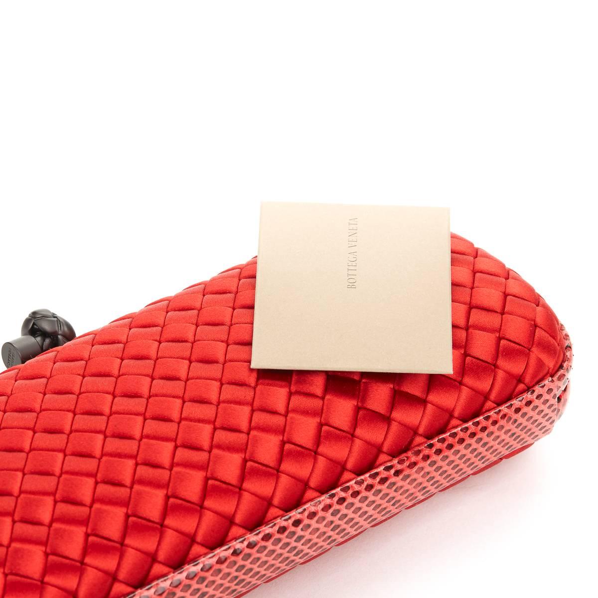 2000s Bottega Veneta Red Woven Satin & Snakeskin Trim Long Knot Clutch 3