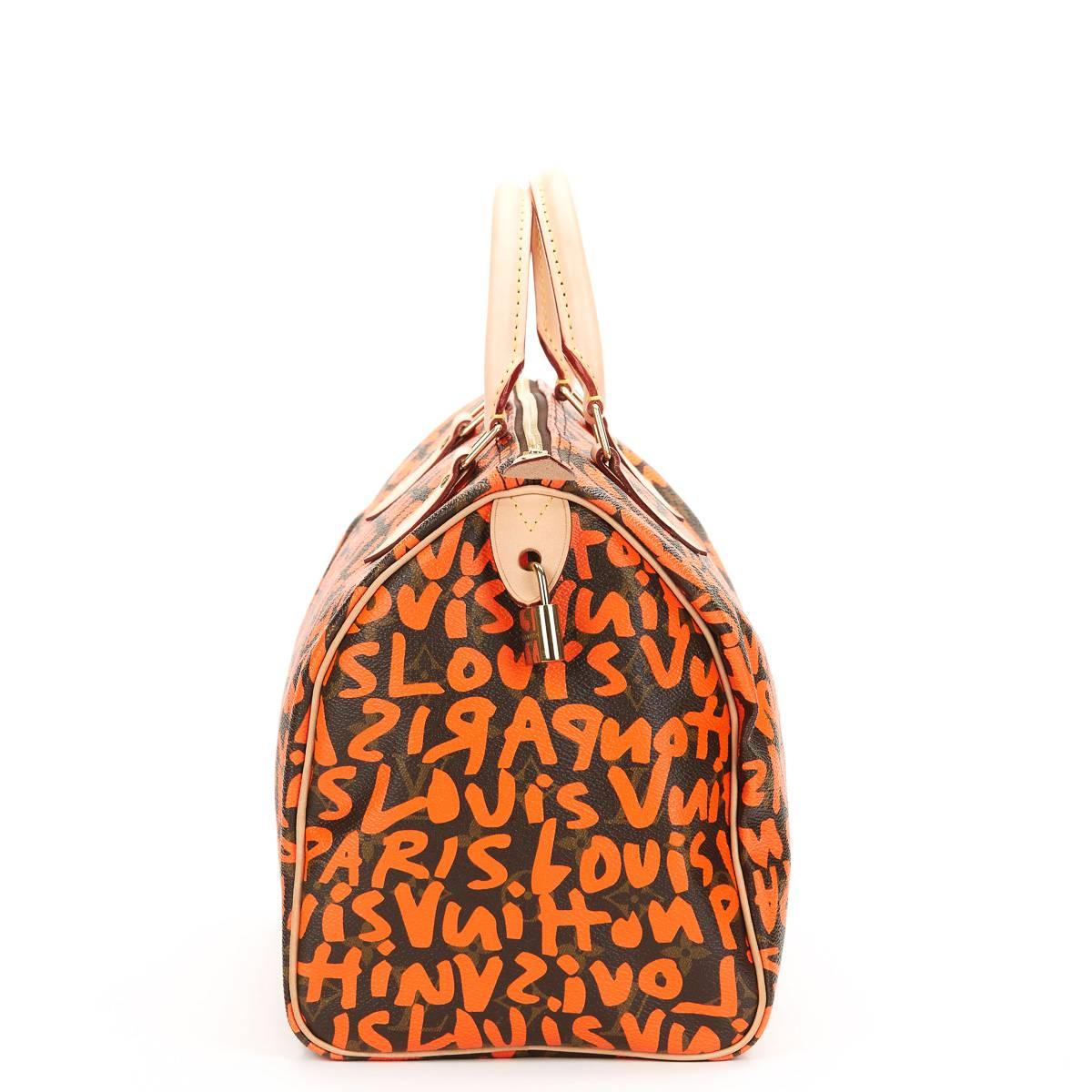 LOUIS VUITTON
Coated Canvas Stephen Sprouse Orange Graffiti Monogram Speedy 30

This LOUIS VUITTON Speedy 30 is in Excellent Pre-Owned Condition accompanied by Louis Vuitton Dust Bag, Padlock, Keys, Care Card, Tag. Circa 2009. Primarily made from