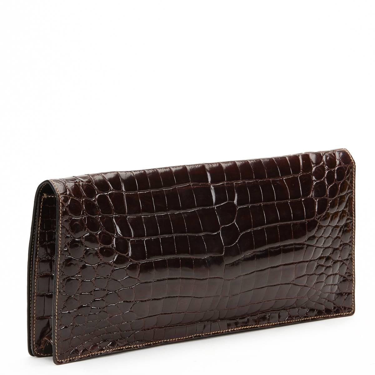 2000s Prada Chocolate Brown Alligator Leather Evening Clutch In Excellent Condition In Bishop's Stortford, Hertfordshire