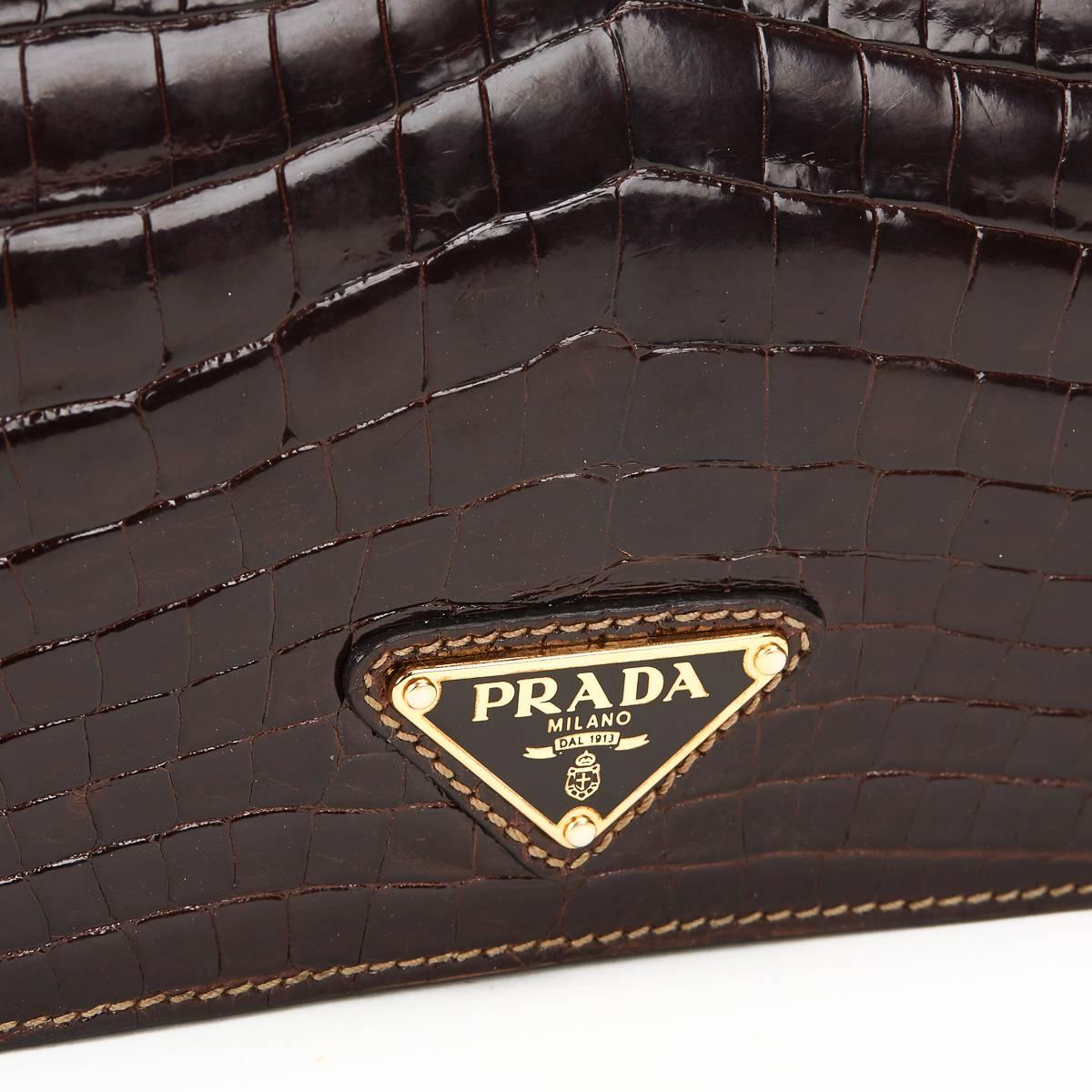 2000s Prada Chocolate Brown Alligator Leather Evening Clutch 2