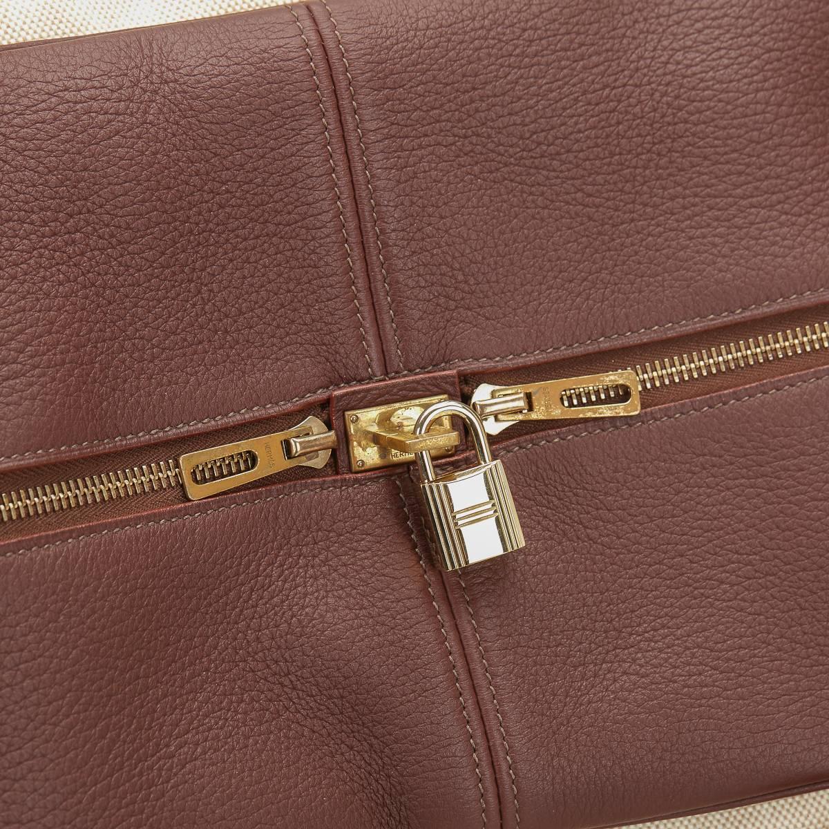 1990s Hermes Toile H & Mahogany Clemence Leather Vintage Victoria 50cm 2