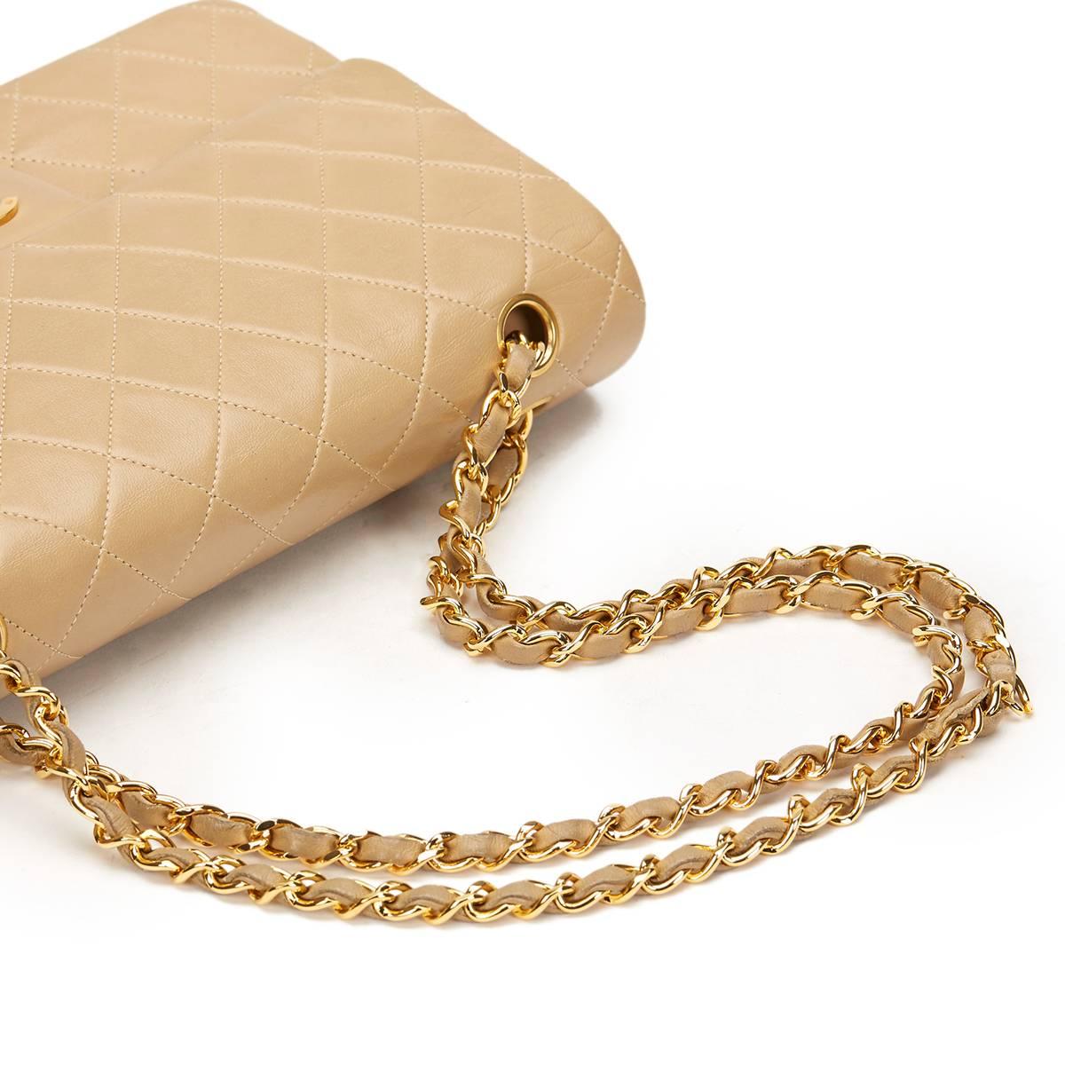1990 Chanel Beige Quilted Lambskin Vintage Medium Classic Double Flap Bag 1