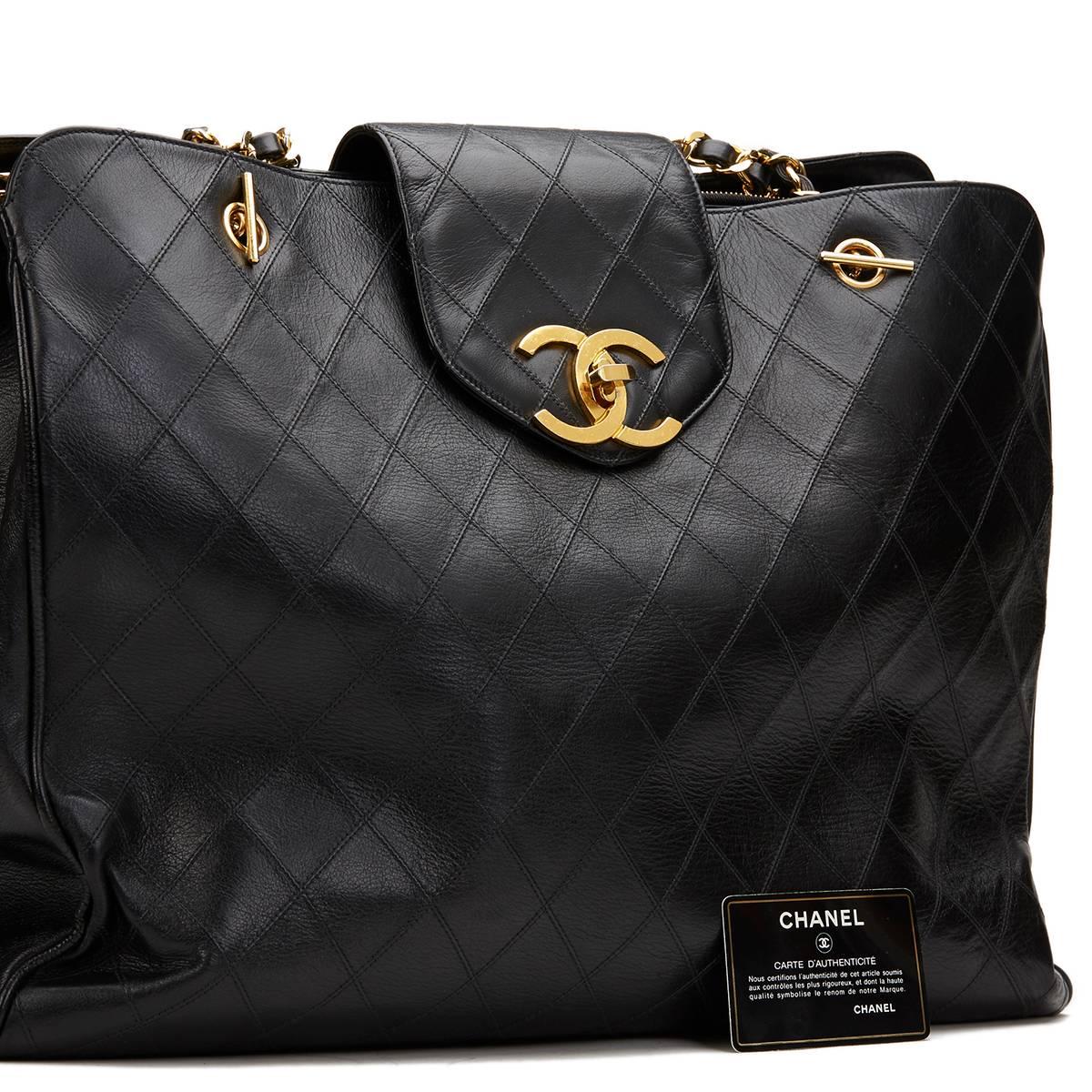 1980s Chanel Black Quilted Lambskin Vintage Jumbo Supermodel Tote 6
