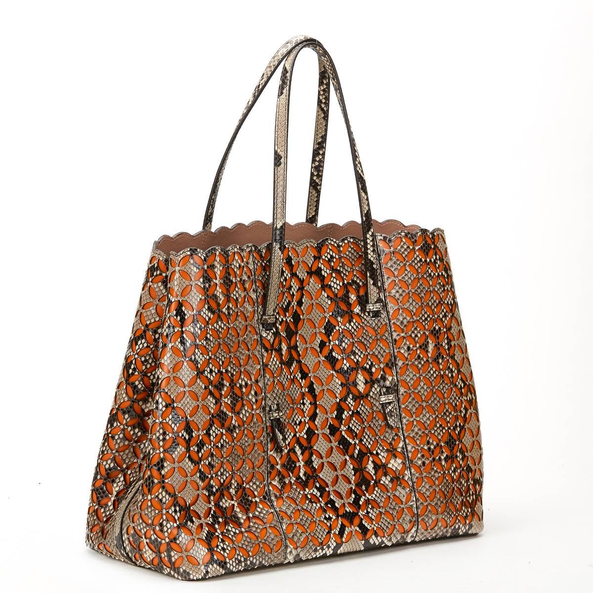 Women's 2000 Alaia Python & Orange Leather Perforated Shopper