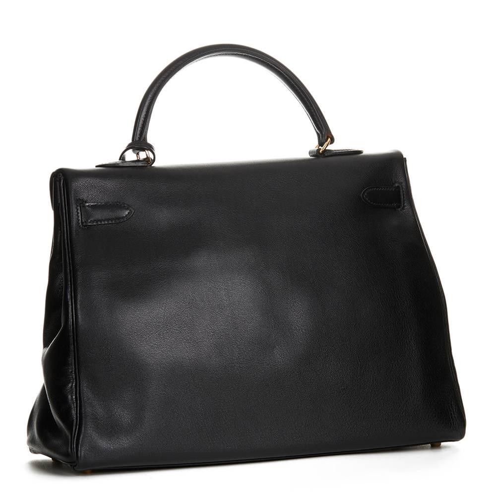 Women's 1997 Hermes Black Evergrain Leather Vintage Kelly 35cm Retourne