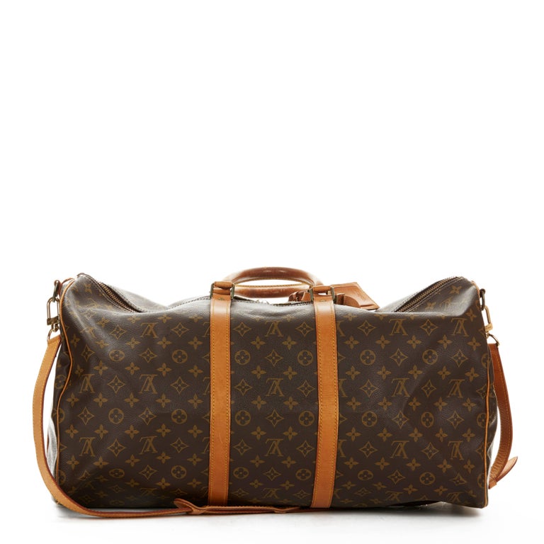 1988 Louis Vuitton Brown Coated Monogram Canvas Vintage Keepall Bandouliere 55 at 1stdibs