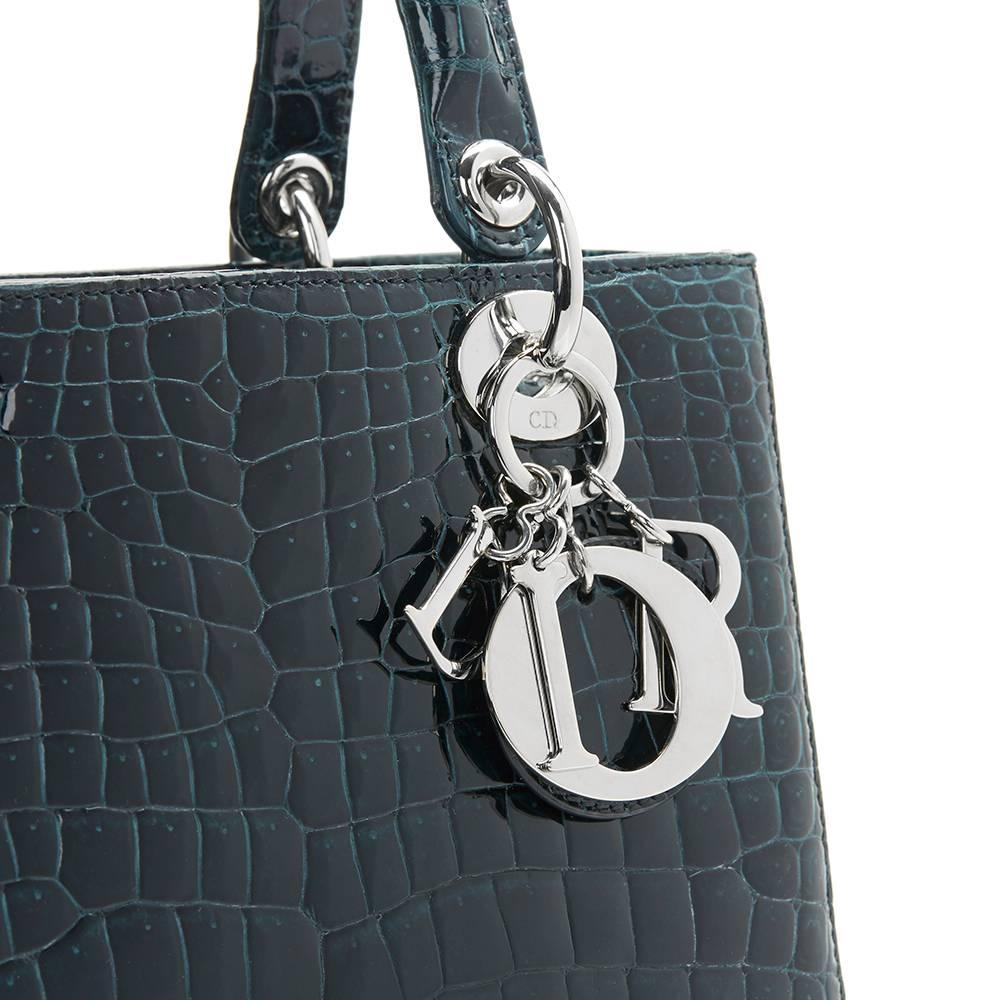 Black 2016 Dior Dark Petrol Blue Shiny Porosus Crocodile Leather Medium Lady Dior