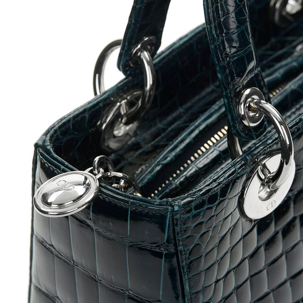 2016 Dior Dark Petrol Blue Shiny Porosus Crocodile Leather Medium Lady Dior In Excellent Condition In Bishop's Stortford, Hertfordshire
