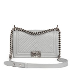 Used Chanel Grey Chevron Quilted Calfskin Leather Medium Le Boy 