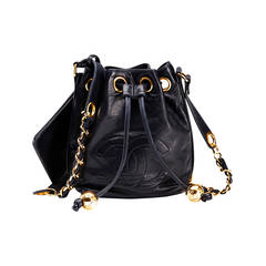 1990's Chanel Navy Lambskin Drawstring Bucket Bag with Pouch