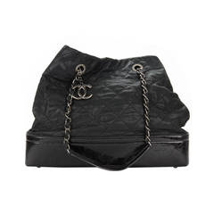 Chanel Black Glazed Quilted Calfskin Large Charm Tote Bag