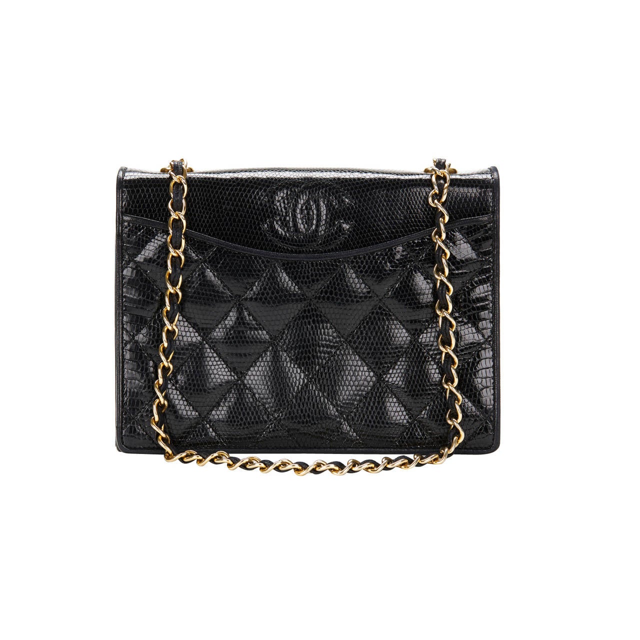1990s Chanel Black Exotic Lizard Skin Leather Vintage Evening CC Flap Bag
