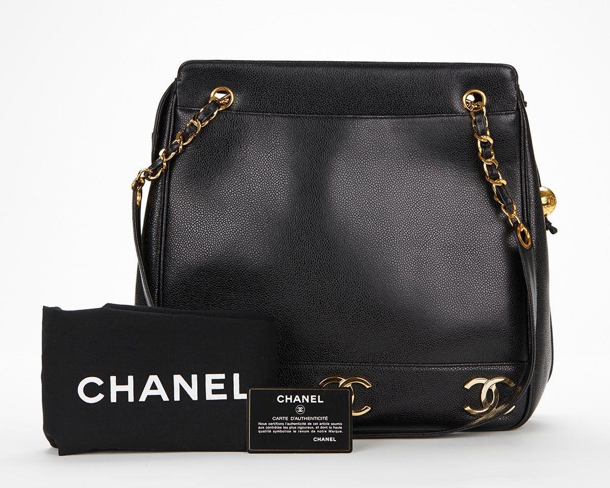 1990s Chanel Black Caviar Leather Large CC Charm Shoulder Bag 6