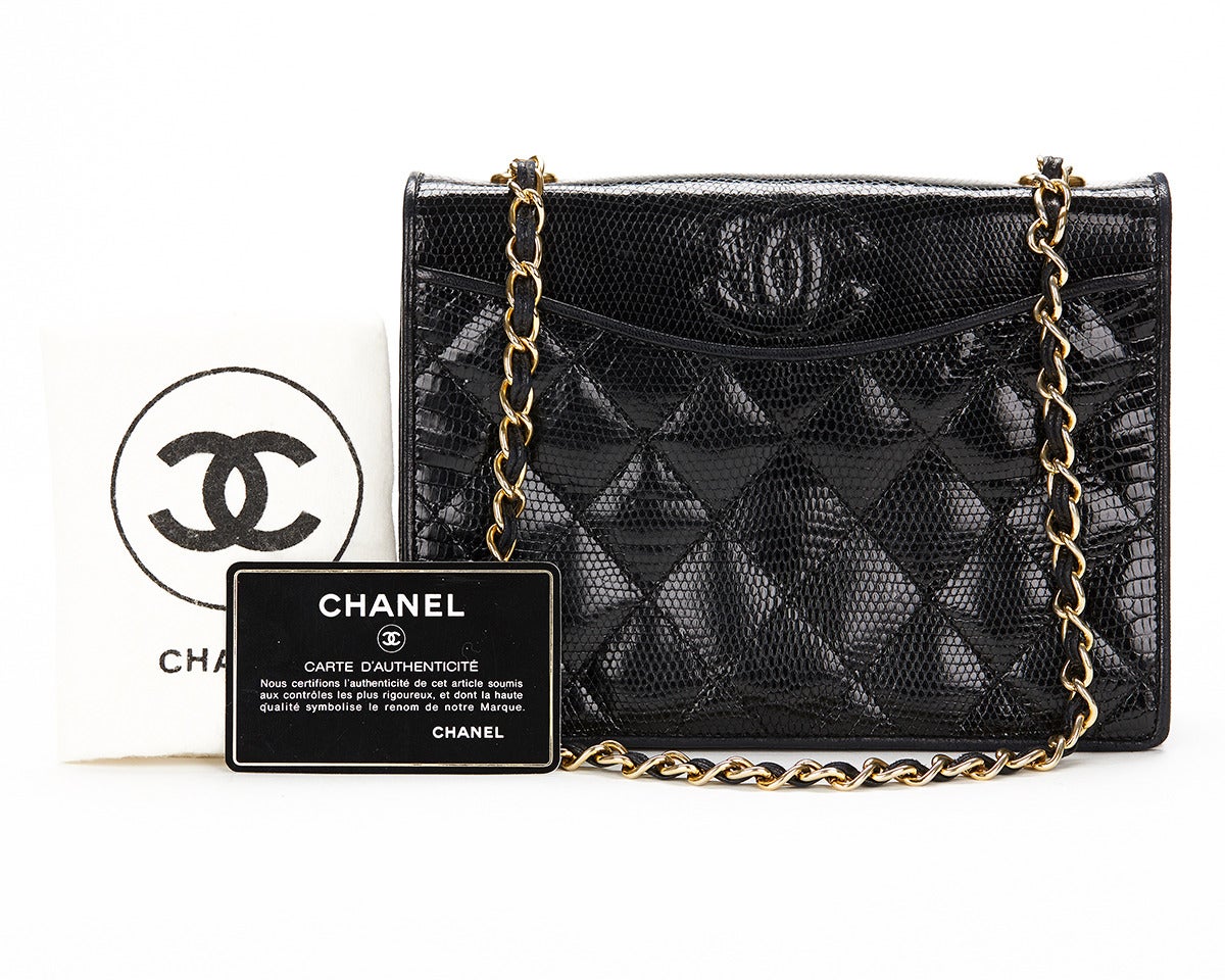 1990s Chanel Black Exotic Lizard Skin Leather Vintage Evening CC Flap Bag 6