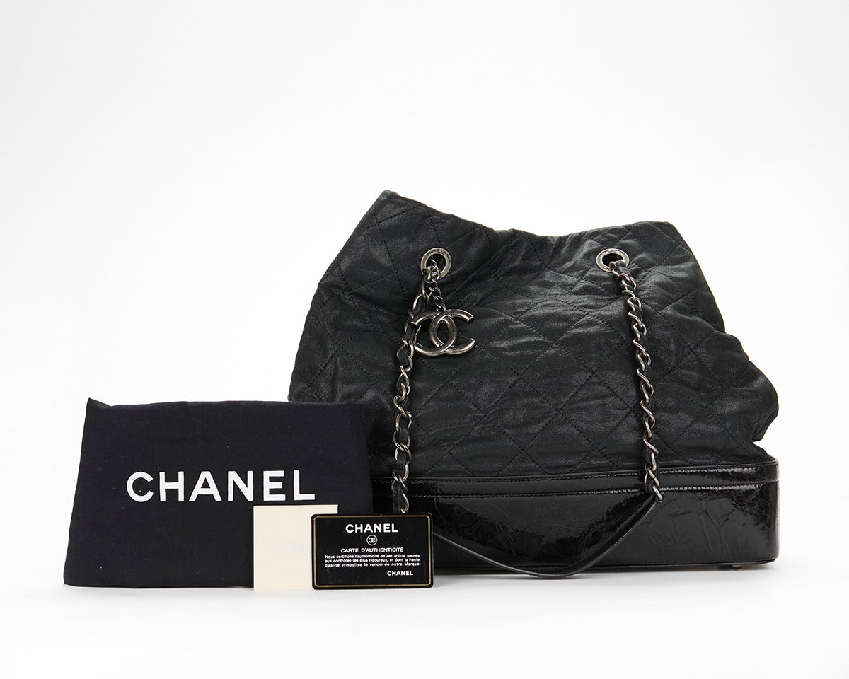 Chanel Black Glazed Quilted Calfskin Large Charm Tote Bag 6