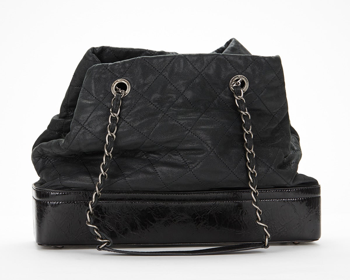Chanel Black Glazed Quilted Calfskin Large Charm Tote Bag