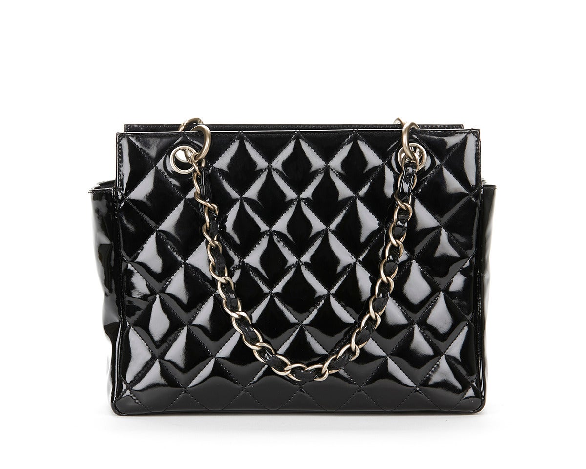 1990's Chanel Black Quilted Patent Leather Petite Timeless Tote Bag