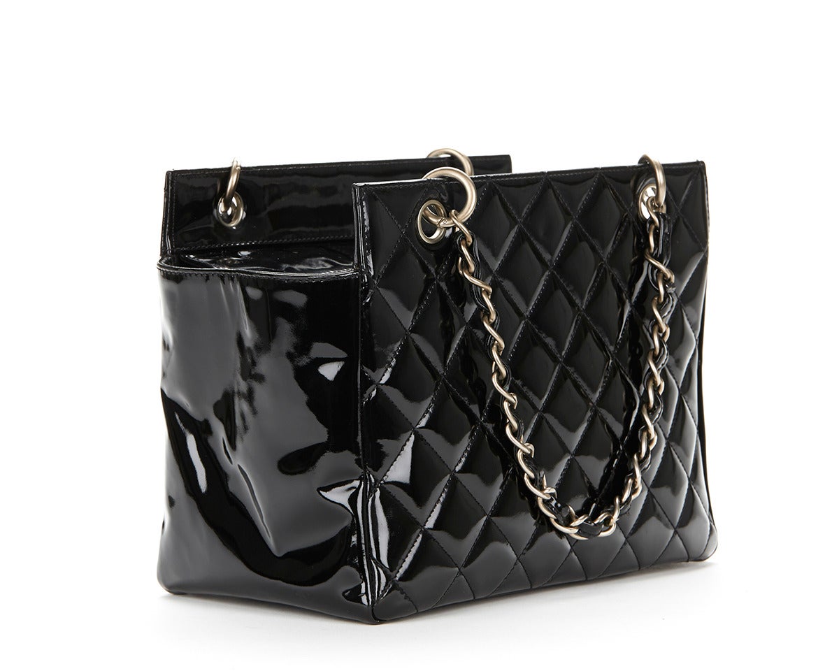 1990's Chanel Black Quilted Patent Leather Petite Timeless Tote Bag at