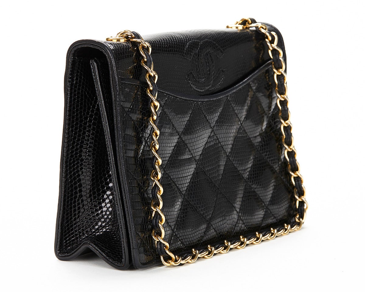 Women's 1990s Chanel Black Exotic Lizard Skin Leather Vintage Evening CC Flap Bag