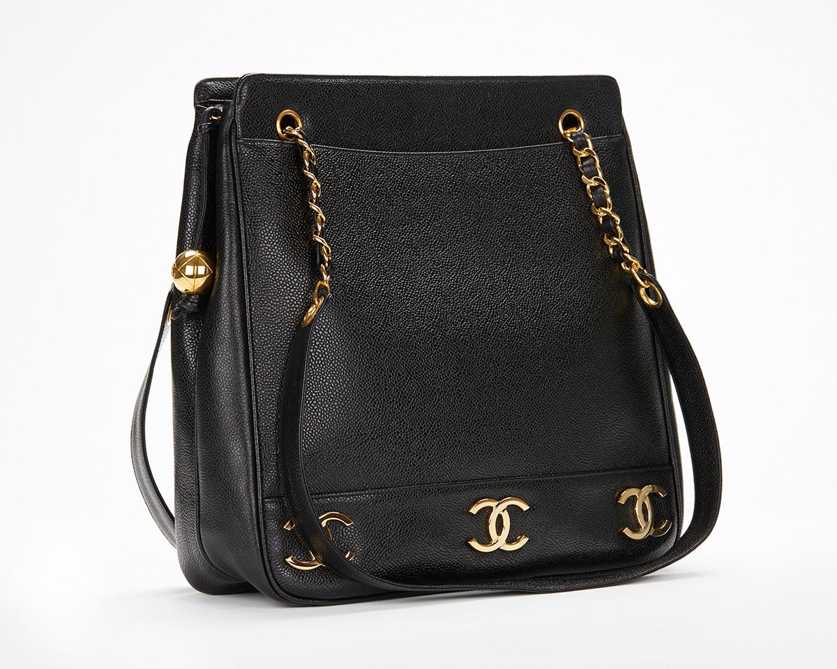 Women's 1990s Chanel Black Caviar Leather Large CC Charm Shoulder Bag