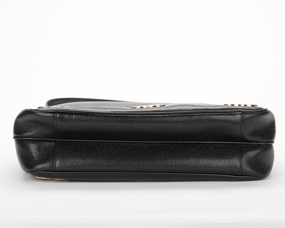 1990s Chanel Black Caviar Leather Large CC Charm Shoulder Bag 1