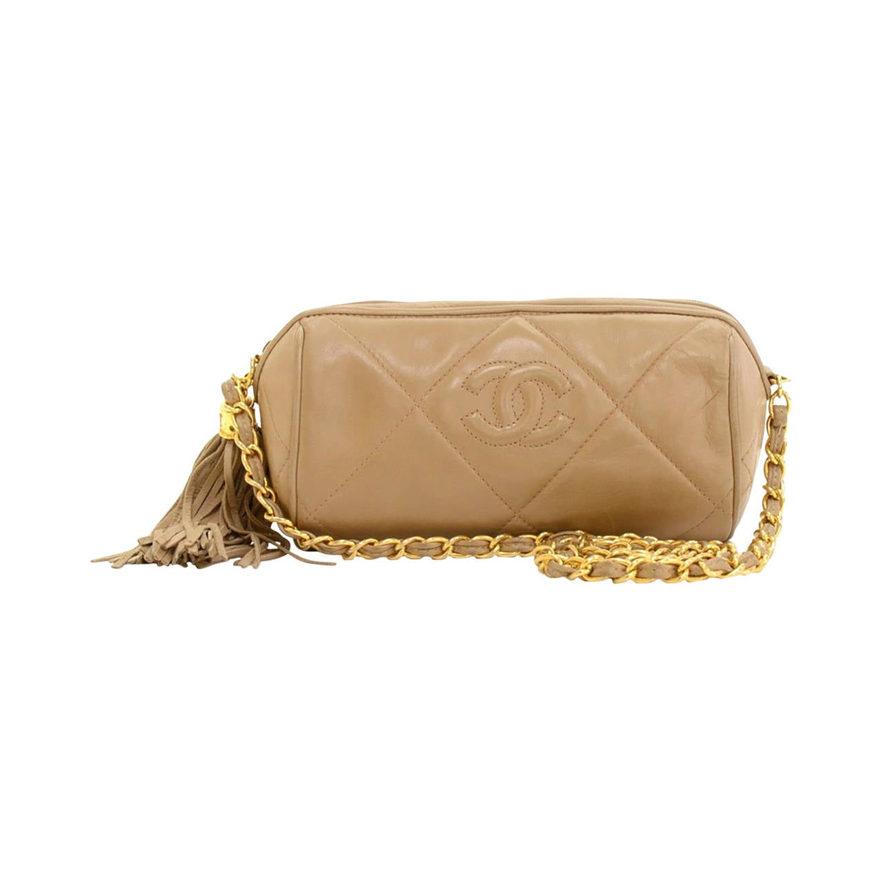 1990s Chanel Tan Quilted Leather Mini CC Logo Shoulder Fringe Tassel Bag