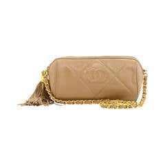 Vintage 1990s Chanel Tan Quilted Leather Mini CC Logo Shoulder Fringe Tassel Bag