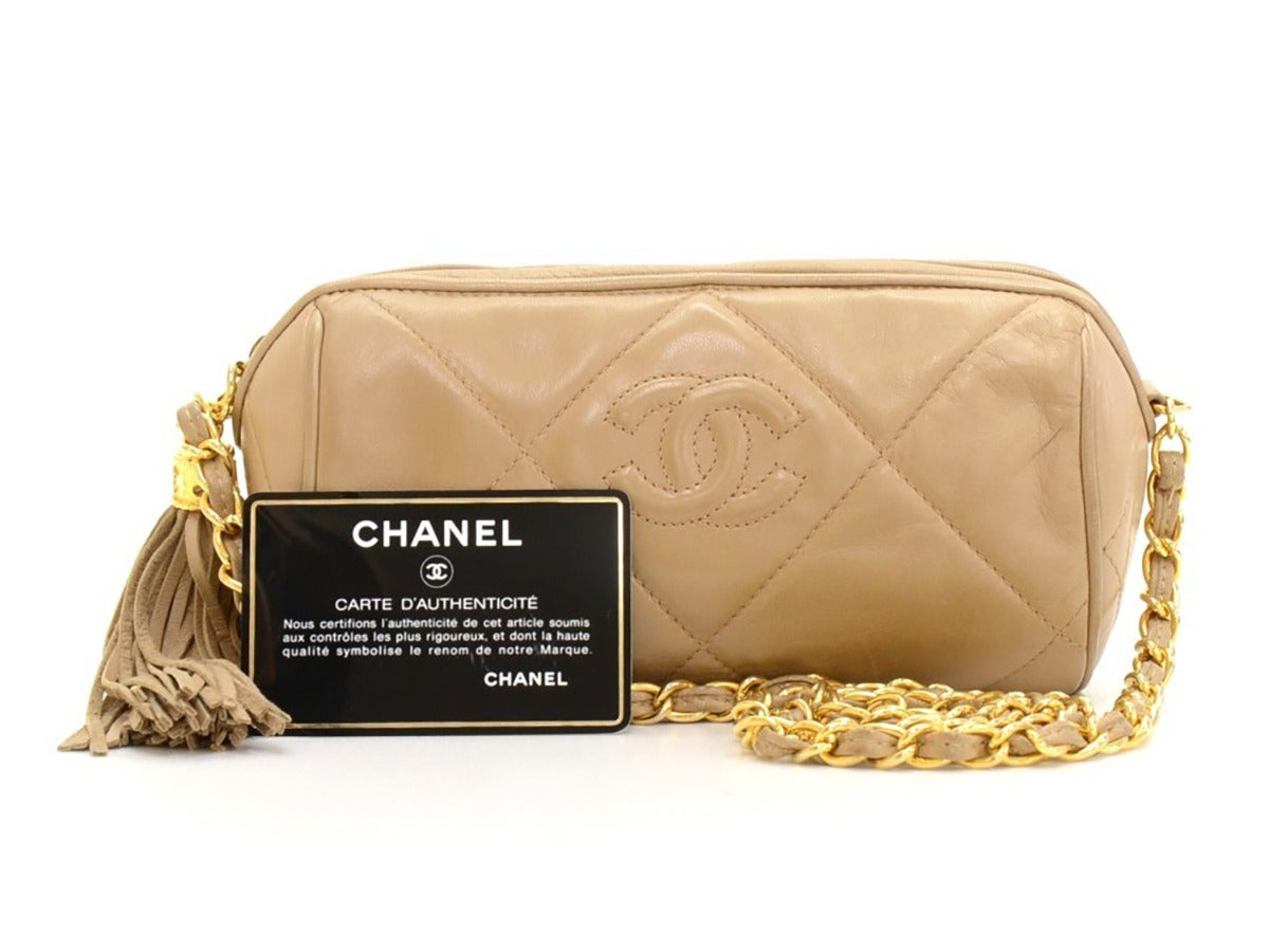 1990s Chanel Tan Quilted Leather Mini CC Logo Shoulder Fringe Tassel Bag 6