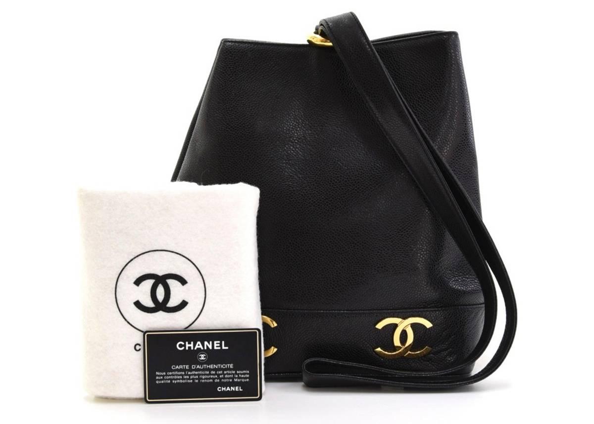 1990s Chanel Black Caviar Leather Drawstring Bucket Bag 5