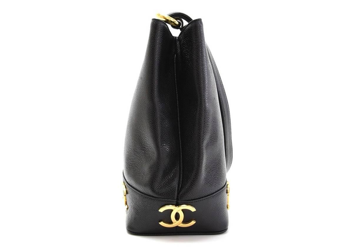 Women's 1990s Chanel Black Caviar Leather Drawstring Bucket Bag