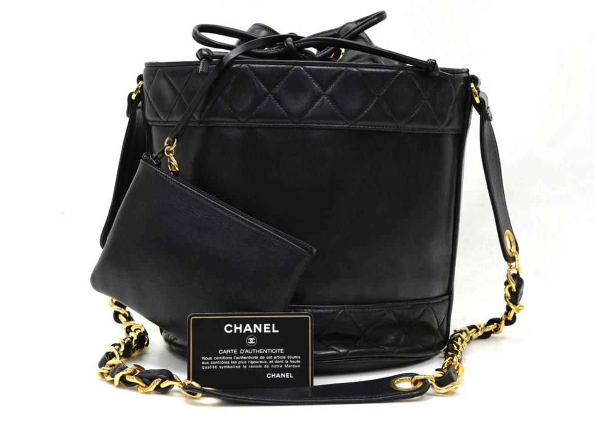 1990s Chanel Black Lambskin Drawstring Bucket Bag 6