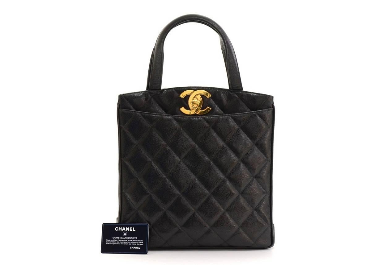 1990s Black Quilted Caviar Leather CC Tote 6